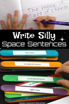 an image of writing paper with the words write silly space sentences on it and handwritten