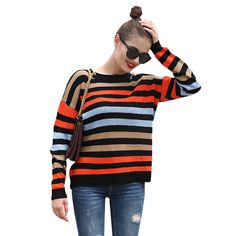 Black Multicolor Stripes Knit Sweater Trendy Fall Sweater With Color Matching, Multicolor Sweater With Color Matching For Fall, Black Knit Sweater For Fall, Black Casual Acrylic Cardigan, Casual Orange Acrylic Sweater, Black Casual Sweater For Fall, Casual Color Block Sweater For Fall, Casual Black Sweater For Fall, Casual Striped Acrylic Sweater