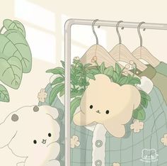 an illustration of a teddy bear hanging in front of a mirror next to a potted plant