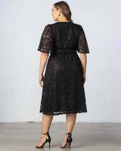 Sparkle at your next soirée in our Starry Sequined Lace Cocktail Dress.  This party dress features a flattering surplice neckline, flirty flutter sleeves and a graceful A-line silhouette.  This sparkly little outfit even has a surprise element - pockets!  Perfect for that best dressed curvy wedding guest or any special occasion from holiday party to formal gala.  This elegant plus-size sequin dress is offered in classic black as well as a seasonal blue-green teal color. Jumpsuit And Cardigan, Curvy Wedding, Plus Size Sequin Dresses, Chic Cardigan, Lace Cocktail Dress, Evening Gown Dresses, Sequin Cocktail Dress, Surplice Neckline, Little Outfits