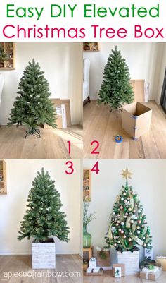 Easy $1 DIY elevated Christmas tree box stand Xmas Tree Box Stand, Small Christmas Tree Holder, Diy Tree Box Stand, Farmhouse Christmas Tree Base, Small Christmas Tree Stand Ideas, Creative Diy Christmas Tree, Diy Xmas Tree Stand, Farmhouse Christmas Diy Decor, Christmas Tree Box Diy