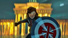 an animated woman holding a shield in front of a castle