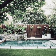 a small pool in the middle of a yard with grass and trees around it, surrounded by greenery