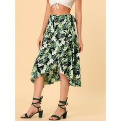 This skirt is features floral, self tie wrap design, asymmetrical hem, and midi length, adding flowy and charming feel to your vacation look. Flowy hem and tropical floral pattern make this skirt a perfect pieace for summer vacastion, trip, beach, weekend, party, holiday, etc. Pair with crop top and sandals for many occasions. Summer Vacation Rayon Skirt, Green Printed Skirt For Vacation, Printed Green Skirt For Vacation, Summer Rayon Skirt For Vacation, Spring Tropical Print Green Skirt, Spring Green Tropical Print Skirt, Casual Tie Waist Skirt For Vacation, Spring Green Skirt With Tropical Print, Casual Spring Wrap Skirt With Tie Waist