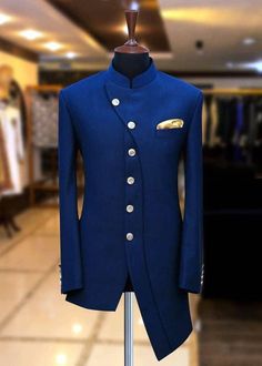 Designer Tailored Blazer For Wedding, Blue Sherwani For Wedding, Designer Blazer For Groom, Tailored Elegant Bandhgala For Wedding, Blue Bandhgala For Wedding, Tailored Elegant Nehru Jacket For Wedding, Elegant Tailored Bandhgala For Wedding, Designer Tailored Bandhgala For Wedding, Elegant Nehru Jacket For Business