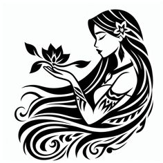 a woman holding a flower in her hand with swirls and waves on it's body