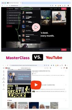 two screens showing different types of videos and the words master class vs youtube on them