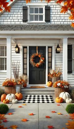 a white house with pumpkins and gourds on the front porch