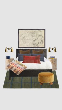 a bedroom with a bed, ottoman and two lamps