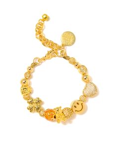 Add a dash of sweetness to your outfit with the Honey Bear Bracelet, featuring a clover charm and pave rhinestones for a touch of sparkle. The adorable honey bear and moneybag charms bring a playful touch, while the heart charm symbolizes love and luck. Perfect for gifting or treating yourself! 6" Gold plated brass bracelet 1.5" extension Lobster clasp closure Pave rhinestones Enameled sterling silver charms Handmade in New York City and Puerto Rico. Due to the handmade nature of our products, s Pandora Gold Charm Bracelet, Bear Bracelet, Love And Luck, Pandora Gold, Honey Bear, Clover Charm, Gold Charm Bracelet, Brass Bracelet, Hair Rings