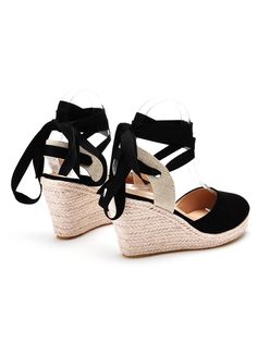 Elevate your style with these Bohemian-inspired round toe platform espadrille wedge heels. Perfect for adding a touch of effortless chic to your ensemble, whether you're strolling along the beach or hitting the city streets. Style:Elegant, Bohemian Heels Type:Platform Heels Heel height: 10.5cm Closure Type:Lace up Toe:Round Toe Upper Material:PU Leather Sole Material:Espadrille Lining Material:PU Leather Occasion: Suitable for a variety of casual and semi-formal settings and outdoor gatherings. Trendy Wedge Sandals With Wrapped Heel And Round Toe, Chic Platform Wedge Sandals With Round Toe, Chic Round Toe Platform Wedge Sandals, Chic Straw Platform Wedge Sandals, Chic Round Toe Wedge Sandals For Vacation, Black Straw Heels For Spring, Spring Black Straw Heels, Straw Wedge Sandals With Wrapped Heel And Round Toe, Trendy Closed Toe Espadrille Wedge Sandals