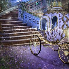 a horse drawn carriage sitting on top of a lush green field next to a stair case