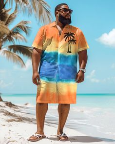 This Hawaiian Shirt Shorts Set is suitable for all kinds of casual occasions, such as vacations, beach parties, summer picnics and so on. You can pair it with a pair of sandals or sneakers for a trendy look. Whether you are on vacation or in daily life, this set will bring you a comfortable and stylish wearing experience. Casual suit: Casual men's short-sleeved shirt suit focuses more on comfort and leisure. It usually consists of a light, short-sleeved shirt worn with jeans or slacks. This set is suitable for everyday casual events, parties or vacations.Sports Suit: Sports men's short sleeve shirt suit suitable for sports or outdoor activities. It is usually made of moisture-wicking and breathable fabric, providing a comfortable wearing experience. This set is suitable for fitness, runnin Palm Tree Print Beachwear For Summer, Palm Tree Print Swimwear For Beach Party, Summer Swimwear With Relaxed Fit For Vacation, Palm Tree Print Swimwear For Summer Beach, Casual Yellow Hawaiian Shirt For Beach Season, Casual Yellow Hawaiian Shirt For Beach, Blue Hawaiian Shirt For Vacation Beach Season, Blue Hawaiian Shirt For Beach Season Vacation, Yellow Short Sleeve Hawaiian Shirt For Summer