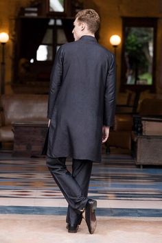 Black kurta with monochrome metal work in geometric pattern. Paired with matching aligadi pant. - Aza Fashions Traditional Festive Kurta For Workwear, Traditional Festive Workwear Kurta, Traditional Kurta For Festive Workwear, Traditional Black Workwear Sets, Traditional Black Sets For Workwear, Traditional Kurta For Workwear, Traditional Festive Workwear Sets, Luxury Black Bandhgala Straight Kurta, Black Mirror Work Kurta For Men