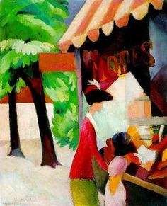 an oil painting of people standing in front of a food stand with trees and awnings