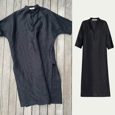 Brand New With Tag Size 1, Equivalent To Women’s Size Large Us 6-8 Or Men’s Size Medium 40 Band Collar, Split Neck Caftan. Dolman Sleeve With Double Side Slits. Caftan Length Approx 49". 100% Washed Tissue Linen Dry Clean Only Made In America Black Split Neck Dress For Summer, Black Split Neck Summer Dress, Black Relaxed Fit Tunic Dress, Black Short Sleeve Tunic For Summer, Black Short Sleeve Summer Tunic, Black Fitted Summer Tunic, Elegant Black V-neck Tunic, Casual Black Tunic Kaftan, Elegant Black Summer Tunic