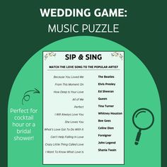 the wedding game music puzzle is shown in green and has an image of a magnifying