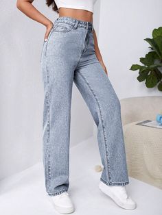 High Waist Slant Pocket Boyfriend Baggy Jeans Baby Blue Casual   Denim Plain Tapered/Carrot Non-Stretch  Women Clothing, size features are:Bust: ,Length: ,Sleeve Length: Pantalones Boyfriend, Mini Robes, Cute Jeans, High Rise Denim, Women Denim Jeans, Jeans Boyfriend, Easy Wear, High Jeans, Jean Outfits