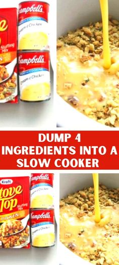 collage of images showing how to make dump 4 ingredients into a slow cooker