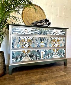 a painted dresser next to a potted plant on top of a hard wood floor