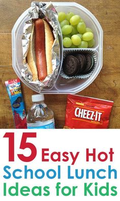 an easy lunch idea for kids includes hot dogs, grapes and crackers