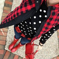 Polka Dot Sweater Outfit, Clavicle Tattoo, Stitch Box, Red Hunter, Polka Dots Outfit, Fall Fashions, Winter Plaid, Boating Outfit, Polka Dot Sweater