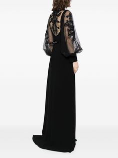 Find SAIID KOBEISY Beaded Crepe Maxi Dress on Editorialist. black crepe texture sheer overlay bead embellishment sequin detailing round neck bishop sleeves belted waist long length Saiid Kobeisy, Crepe Maxi Dress, Maxi Dress Black, Sheer Overlay, Wardrobe Edit, City Dress, Gowns Of Elegance, Exclusive Fashion, Crepe Dress