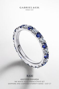 This white gold anniversary band is accented with an arrangement of sapphire and diamonds in a French pave setting. AN11359-6W44SA#GabrielNY #UniqueJewelry #EngagementRings #AnniversaryBands #EternityBand #EternityRing Round Eternity Band, Gold Anniversary Bands, Gabriel Jewelry, Diamond Eternity Band, Gold Anniversary, Diamond Anniversary Rings, Ring Crafts, Pave Setting, Eternity Band Diamond