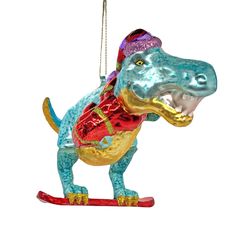 a glass ornament shaped like a dinosaur on a skateboard