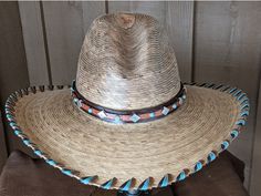 Brown leather has been trimmed with embossed leather that has a southwestern pattern and accented with diamond sliders and faux turquoise. The hatband has brown leather lace and an antler bead that slides the hatband securely around the crown of your hat. It is 23" long and 20mm wide. Hat not included. Brown Southwestern Hat Bands For Western-themed Events, Southwestern Brown Hat Bands For Rodeo, Adjustable Southwestern Brown Hat, Southwestern Turquoise Hat For Ranch, Southwestern Brown Hat Bands For Country Events, Southwestern Style Brown Hat Bands For Ranch, Southwestern Style Turquoise Hat For Ranch, Southwestern Turquoise Hat Band For Ranch, Brown Southwestern Hat With Concho