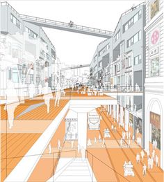 an image of people walking around in the city with orange and white lines on them