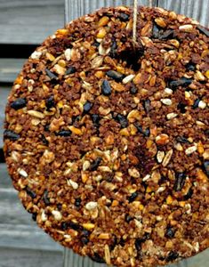 a bird feeder hanging from the side of a wooden fence with nuts and seeds on it