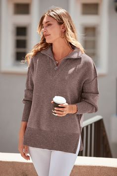 Women's Long Sleeve Zip Up Knitted Winter Oversized Sweater: Wrap yourself in stylish coziness. Add coziness and flair to every inch of your winter ensemble. #women #sweater Trendy Fall Clothes, Womens Holiday Tops, Red Christmas Sweater, High Neck Sweatshirt, Fall Pullover, Sweater Wrap, Oversized Sweater Women, Oversized Sweaters, Tops Blouse