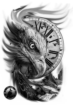 a clock with an eagle's head on it is shown in black and white