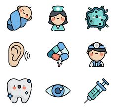 various medical icons are shown on a white background, including an ear, nose, and mouth