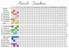 a printable march tracker with colorful squares and numbers on the top, in white paper