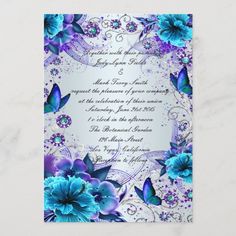 a wedding card with blue flowers and butterflies