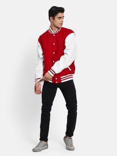 This Red Varsity Bomber Jacket is handcrafted with the highest quality wool for a timeless look and feel. The striped ribbed stand-up collar and long sleeves of Lambskin white leather give it an old-school flair, making it a must-have for any wardrobe. Color-White and Crimson Red White YKK Hardware Matching Red interlining Two Inside Pockets White Ribs with Red stripes Fit: Bomber Crafted with Love Used Materials Shell: 70% Pure Wool Felt Sleeves: White Top Grain Lambskin Lining: Polyester This Wardrobe Color, Crimson Red, Red Outfit, Red Jacket, School Outfits, White Top, White Tops, White Leather, Wool Felt