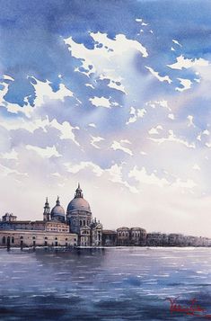 a painting of a large building on the water with clouds in the sky above it