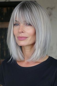 Are you a woman over 60 looking for a hairstyle that’s both stylish and age-appropriate? Look no further than the timeless elegance of gray hair paired with the youthful charm of bangs! These 30 absolutely Hairstyles For Women With Thinning Hair, Grey Hair Inspiration Older Women, Long Grey Hair With Bangs, Silver Hair Bangs, Grey Hair Bangs, Maddie Nails, Gray Hairstyles With Bangs, Medium Length Hairstyles For Women