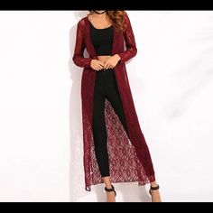 Black Lace Crochet Long Sleeve Open Long Cardigan. 22w Size Color Black. Pattern Type Solid Collar O-Neck Clothing Length Long Sleeve Length(Cm) Full Decoration Lace Style Long Cardigan Fabric Type Chiffon Sleeve Style Regular Material Polyester Fitted V-neck Open Knit Outerwear, Chic Lace Cardigan, Casual Lace Outerwear With Long Sleeves, Long Lace Outerwear For Fall, Chic Fitted Lace Cardigan, Lace Long Sleeve Fall Cardigan, Winter Lace Long Sleeve Cardigan, Winter Long Sleeve Lace Cardigan, Fall Lace Outerwear With Open Front