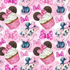 minnie mouse cupcakes with pink bows and polka dots are on a pink background