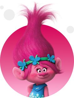 a pink troll with blue flowers on its head and hair in the shape of a circle