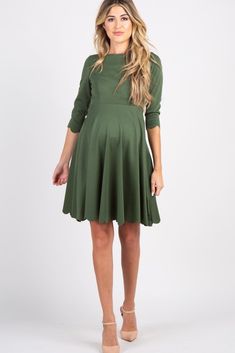 Olive Solid Scalloped Hem Maternity Dress Olive Green Maternity Dress, Green Maternity Dress, Olive Colored Dress, Green Maternity Dresses, Pink Blush Maternity Dress, Cute Maternity Dresses, Long Sleeve Maternity Dress, Floral Maternity Dresses, Maternity Black Dress