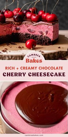 two pictures of cakes with cherries on top and cherry cheesecake in the middle