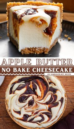 One image shows a slice of apple butter cheesecake from the front on a tin plate, the slice has the end of it cut off. The second image shows the top of the whole cheesecake on a wooden countertop. Apple Butter Cheesecake, Cheesecake No Bake, Cheesecake Pie, Slow Cooker Desserts, Bake Cheesecake, Fall Dessert Recipes, Creamy Cheesecake, No Bake Cheesecake, Graham Cracker Crust