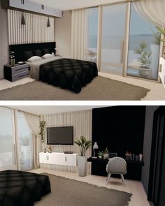 two pictures of a bedroom with black and white decor