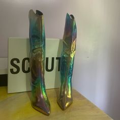 Bring A Flash Of Disco Flair To Your Western Look In This Towering Snakeskin-Embossed Boot With A Striking Iridescent Finish. 3 1/2" Heel 15 3/4" Shaft; 14" Calf Circumference Pull-On Style Leather And Synthetic Upper/Synthetic Lining/Leather Sole Dust Bag Multicolor High-top Party Boots, Multicolor Pointed Toe Party Boots, Funky Boots, Funky Shoes, Western Look, Fashion Details, Shoes Heels Boots, High Boots, Knee High Boots