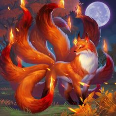 Nine tailed fox under moon anime. Nine tailed fox profile picture. Fox Artwork, Mythical Creatures Fantasy, Mystical Animals, Spirit Animal Art, Gems Art, Creature Drawings, Hur Man Målar, Fox Art