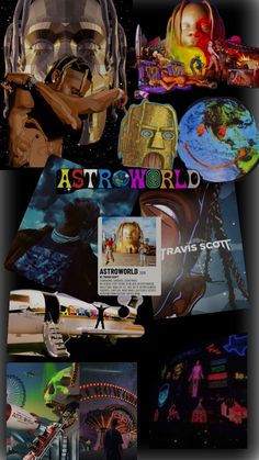 the collage shows various images and words in different colors, including an astronaut's helmet